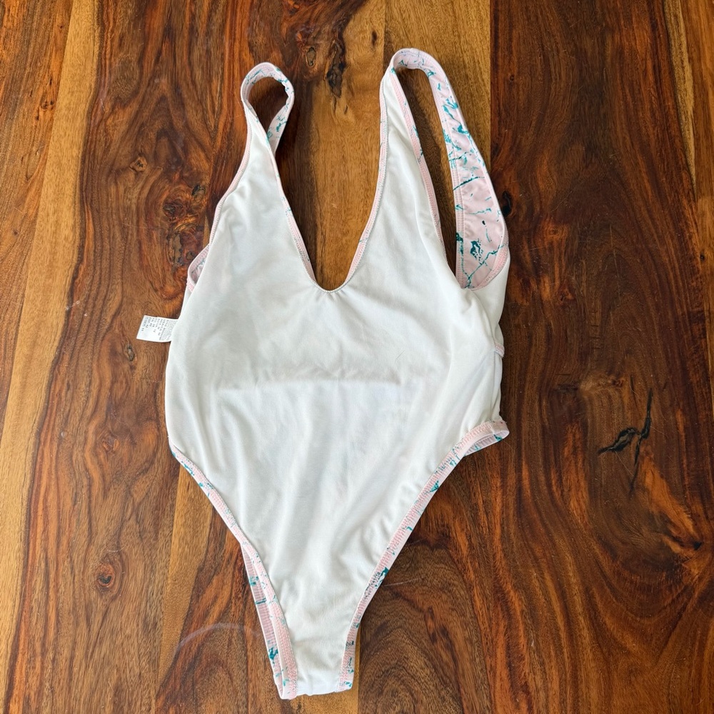 Basta Womens Pink Teal Marble Print One Piece Swimsuit Medium Baywatch Beach - Picture 3 of 7